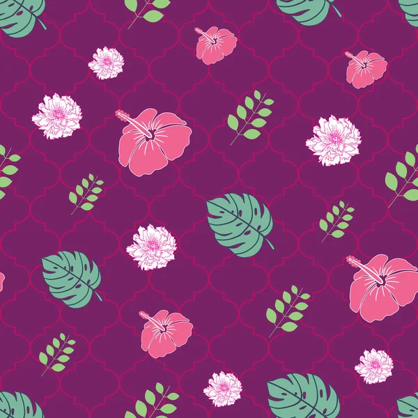 Seamles flowers and leaves pattern. peony and hibiscus on purple background — Stock Vector