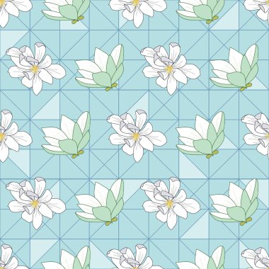 Mavi üçgenler arka plan üzerinde Manolya çiçekleri dikişsiz desen