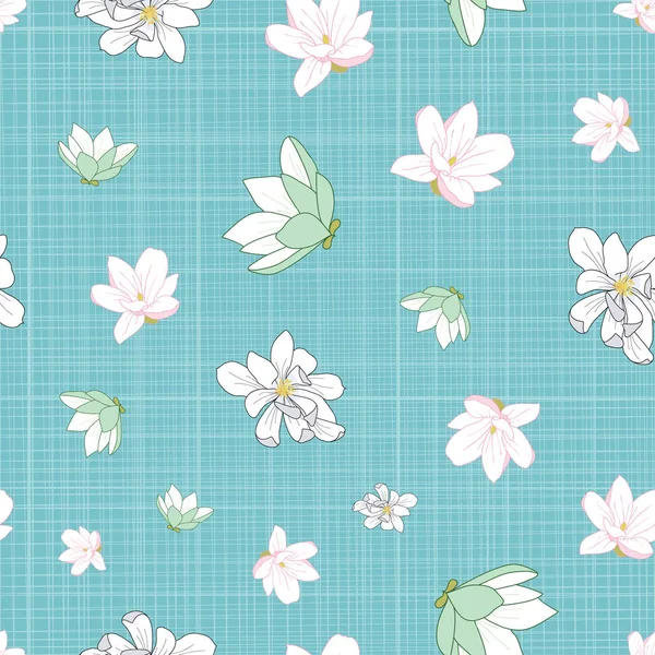 Modello senza soluzione di continuità con magnolia fiori illustrazione su sfondo a strisce blu — Vettoriale Stock