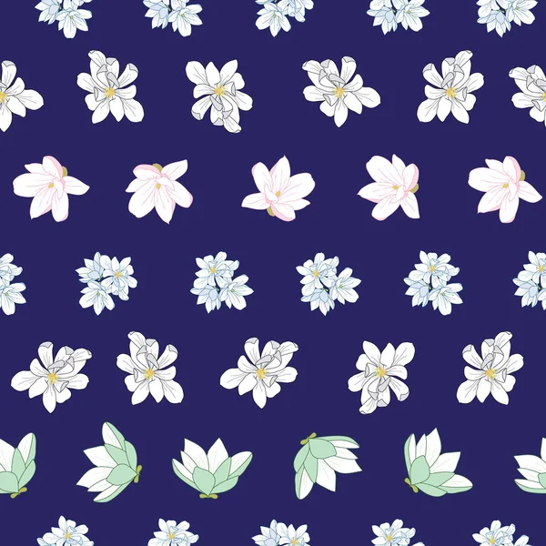 Magnolia fleurs motif sans couture sur fond bleu — Image vectorielle