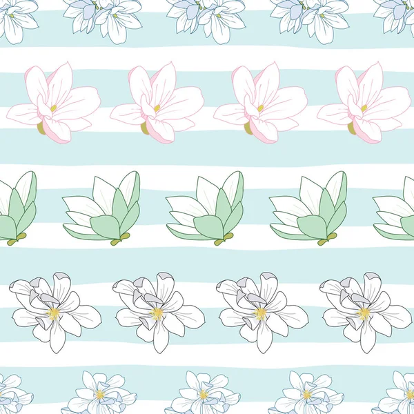 Illustrazione senza soluzione di continuità con fiori di magnolia su strisce blu — Vettoriale Stock