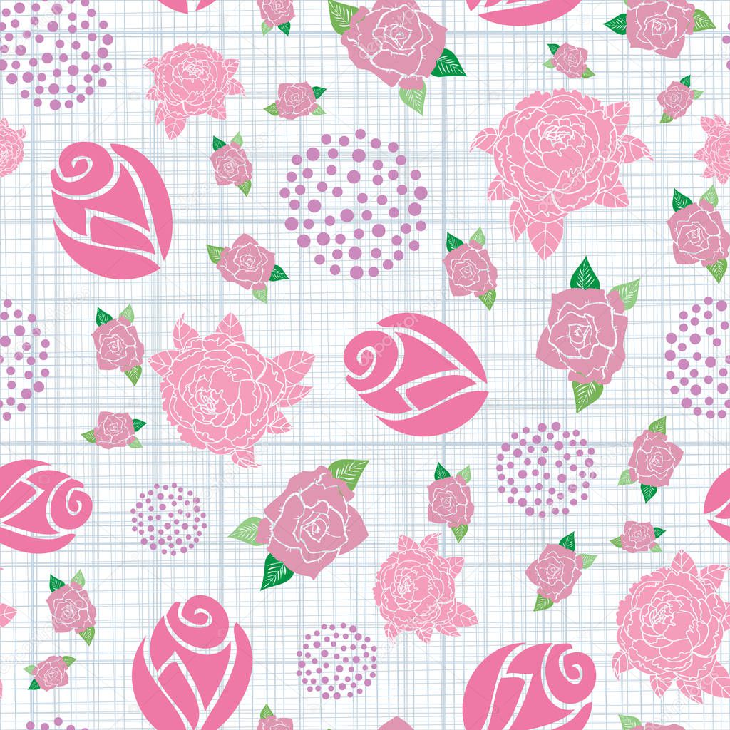 Seamless pink roses and circles with dots illustration pattern on stripes