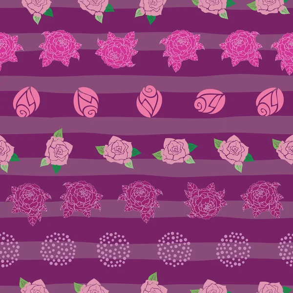 Roses seamless pattern on purple stripes background — Stock Vector