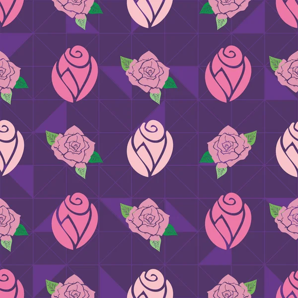 Roses seamless pattern on purple triangles background — Stock Vector