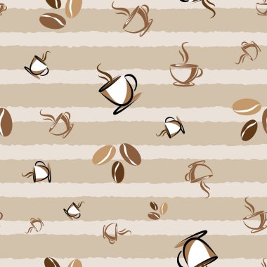 Kahve fincanı ve kahverengi çizgili arka plan üzerinde fasulye dikişsiz desen