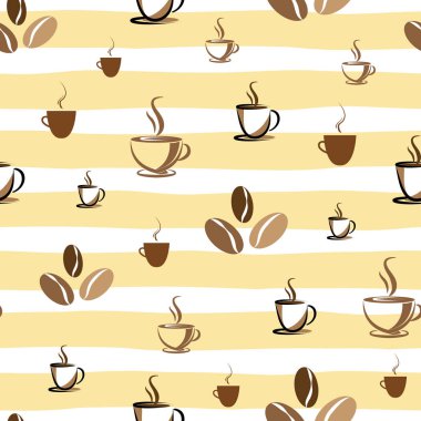Kahve ve fasulye sarı çizgili arka plan üzerinde dikişsiz desen