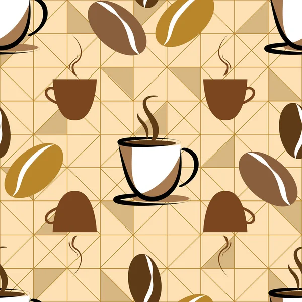 Taza de café y frijoles en el fondo triángulos patrón sin costuras — Vector de stock