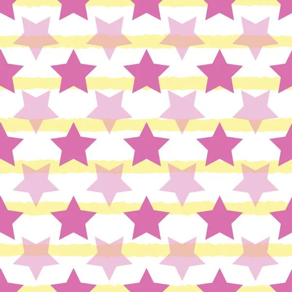 Motif sans couture étoiles roses sur fond jaune rayé — Image vectorielle