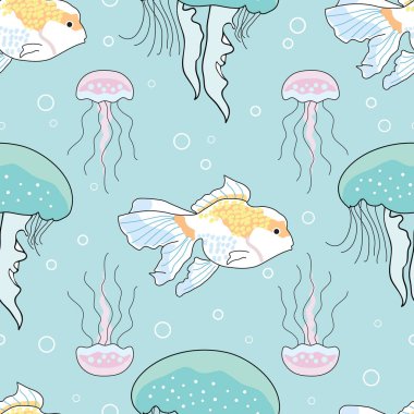 Denizanası ve balık vektörü dikişsiz desen