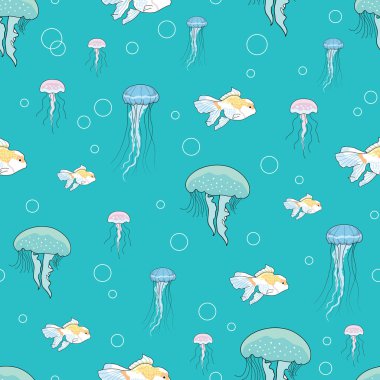 Denizanası, kabarcıklar ve balık, dikişsiz desen