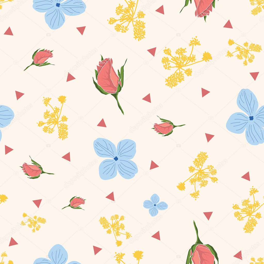 Seamless pattern with colorful flowers and triangles