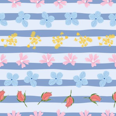 Mavi çizgili renkli küçük çiçekler ile dikişsiz desen