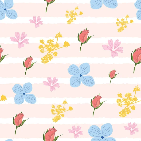Naadloos patroon van kleinschalige bloemen op roze gestreepte achtergrond — Stockvector