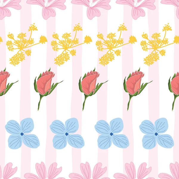 Cute Seamless pattern with small flowers on pink stripes — Stock Vector