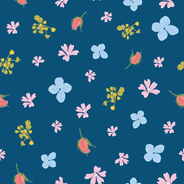 Lindo patrón sin costuras con flores de colores sobre un fondo azul — Archivo Imágenes Vectoriales
