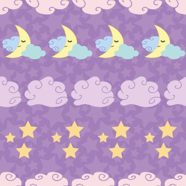 Tatlı, pürüzsüz desenli bulutlar, ay ve rengarenk yıldızlar.