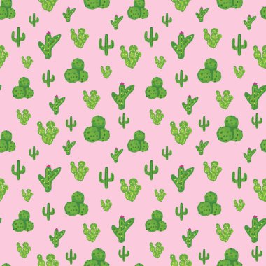 Tatlı küçük kaktüs bitkileri, pastel pembe arkaplan resimlerinde kusursuz desenler oluştururlar.
