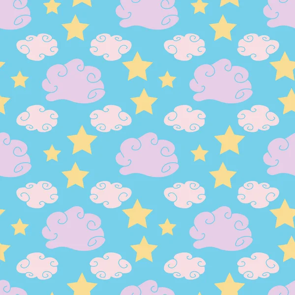Lindo Patrón Repetición Rosa Nubes Estrellas Cielo Azul Ilustración — Vector de stock