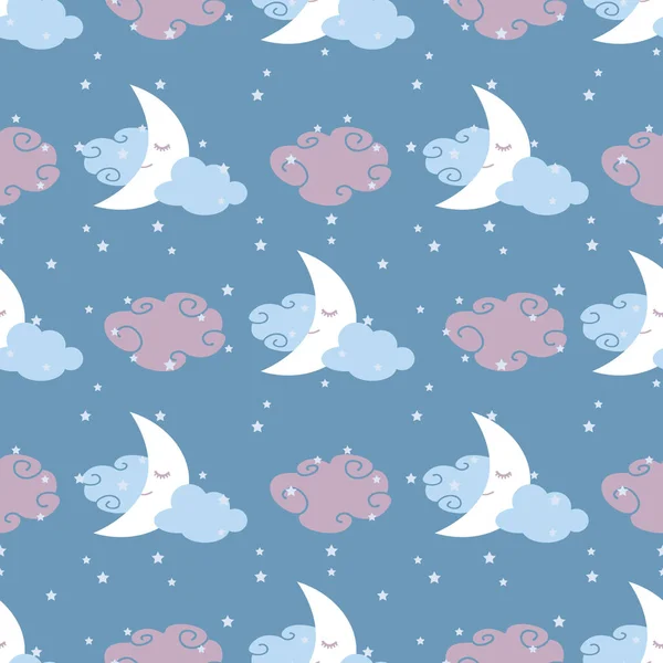 Ilustración Nocturna Patrón Sin Costuras Con Luna Nubes Sobre Fondo — Vector de stock