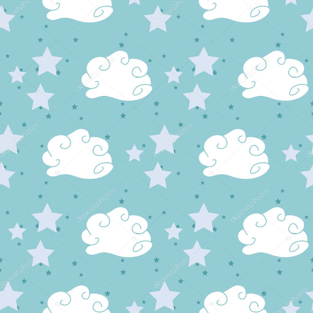 Seamless pattern with stars and clouds on blue