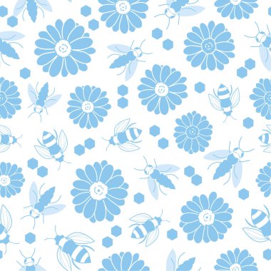 Mavi çiçekler ve arılar kusursuz arkaplan tasarımı