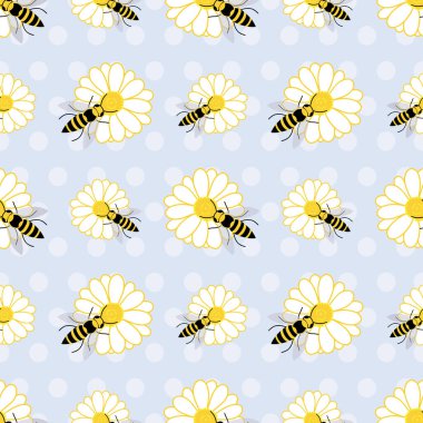 Arılarla ve mor benekli papatya çiçekleriyle şirin, pürüzsüz desen. Arka plan tasarımı.