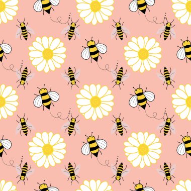 Pembe arkaplanda kusursuz desenli arılar ve çiçekler
