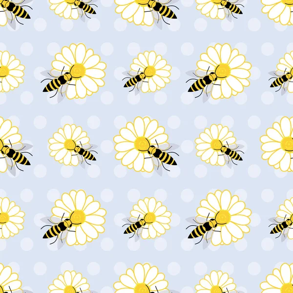 Милий Безшовний Візерунок Бджолами Ромашковими Квітами Фіолетовому Фоні — стоковий вектор
