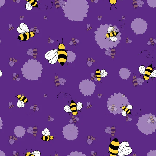 Безшовний Візерунок Векторні Ілюстрації Бджіл Фіолетовому Фоні — стоковий вектор