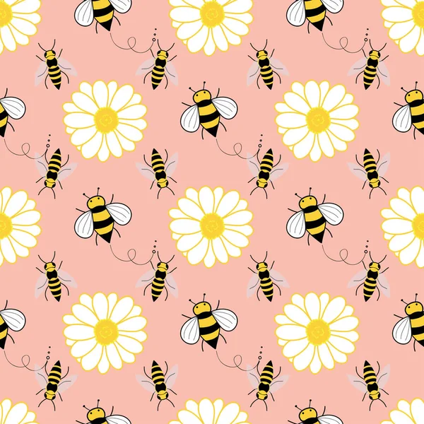ピンクを基調としたシームレスな柄のミツバチと花 — ストックベクタ