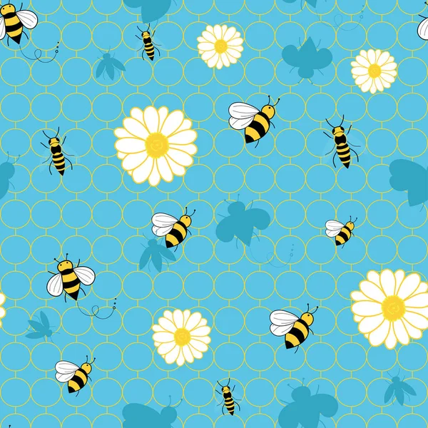 Бджоли Квіти Безшовний Візерунок Геометричному Синьому Фоні — стоковий вектор