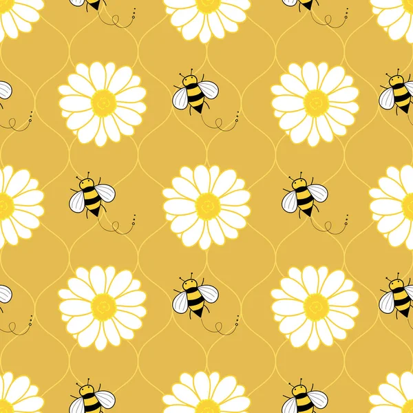 Милий Безшовний Візерунок Бджолою Квітами Хвилястій Текстурі Помаранчевого Фону — стоковий вектор
