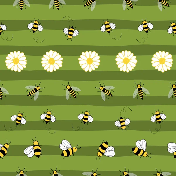 緑のストライプの背景に蜂や花とかわいいシームレスなパターン — ストックベクタ