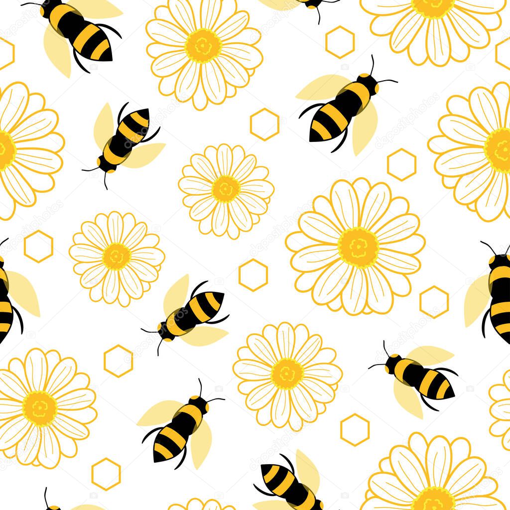 Repeat vector pattern with bees and flowers design