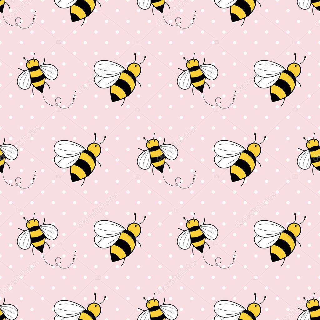 Cute bees seamless pattern on pink polka dots background illustration
