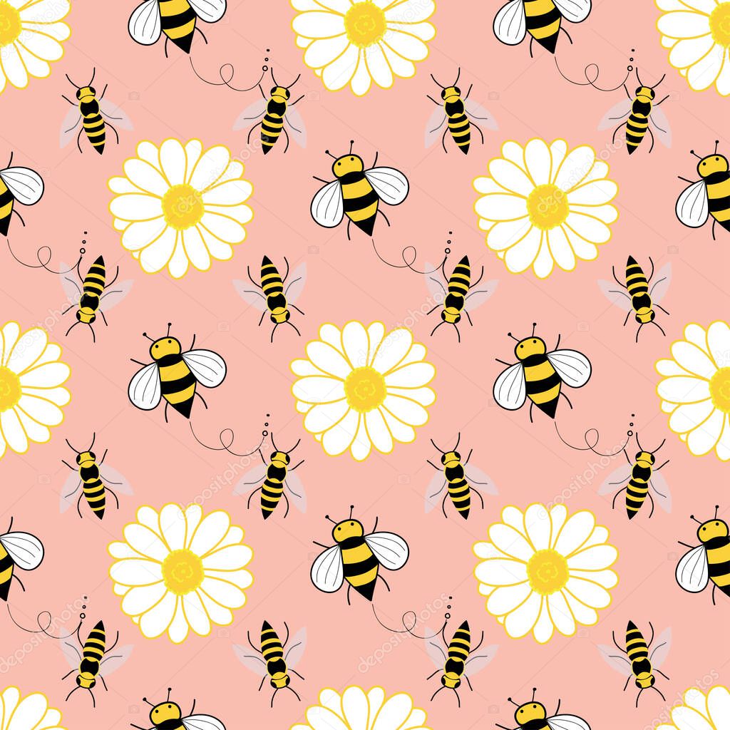 Seamless pattern bees and flowers on pink background illustration