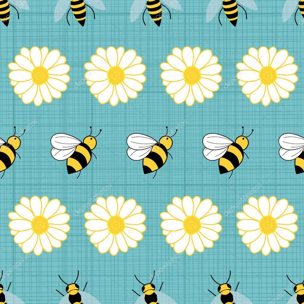 Bees and flowers repeat pattern on textured stripes