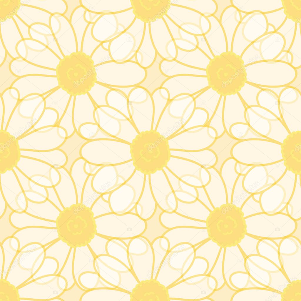 Seamless pattern translucent daisy flowers on yellow background design