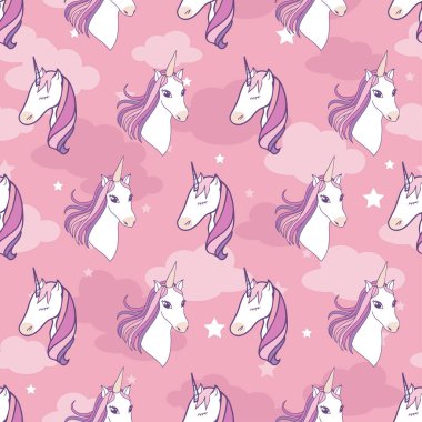 Pembe bulutlar üzerinde kusursuz vektör desenli tek boynuzlu atlar.