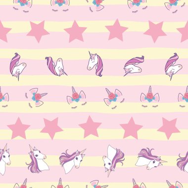 Pembe sarı çizgili arka planda kusursuz tek boynuzlu at deseni
