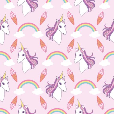 Pembe arkaplanda tek boynuzlu atlar gökkuşağı ve dondurma desenli kusursuz bir fantezi modeli.