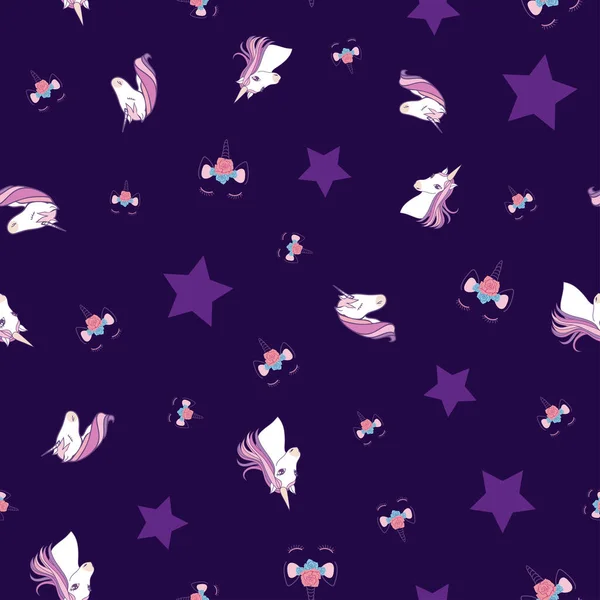 Unicornios Abstractos Estrellas Patrón Sin Costuras Ilustración Fondo Púrpura — Vector de stock