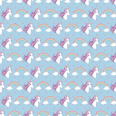 Şirin tek boynuzlu at kafası ve mavi arka planda benekli gökkuşağı deseni..