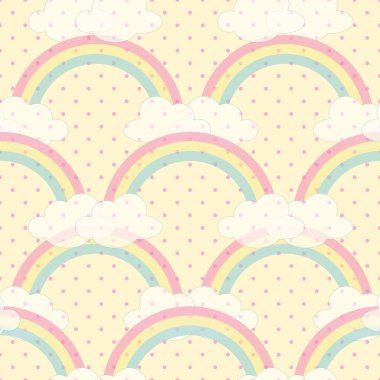 Sarı arkaplanda, benekli, kusursuz desenli gökkuşağı çizimi.