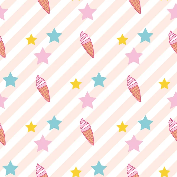 縞模様の背景イラストにシームレスな抽象柄のアイスクリームとカラフルな星 — ストックベクタ