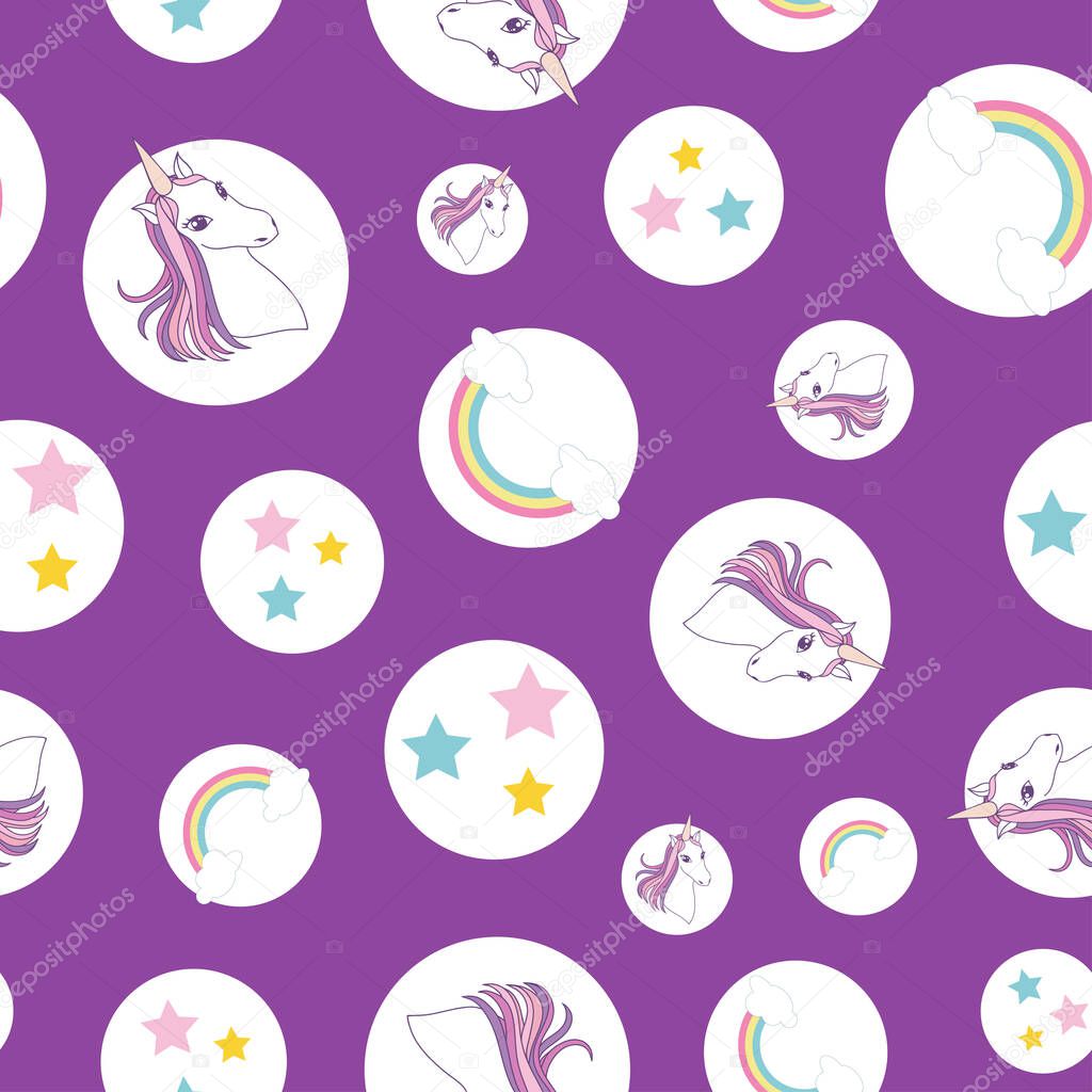 seamless pattern Unicorn, rainbow and stars on circles, purple background design