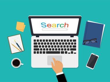 İşyeri dizüstü en iyi manzaralı. Arama penceresi dizüstü bilgisayar ekranında. Vektör