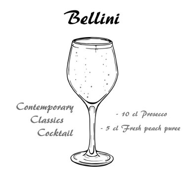 Bellini kokteyl illüstrasyon. Alkollü kokteyller illüstrasyon vektör.