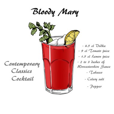 Kroki tarzı için menü, kokteyl kokteyl bloody mary 2 kartları