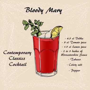 Kokteyl bloody mary kroki tarzı menü, kokteyl için 3 kartları